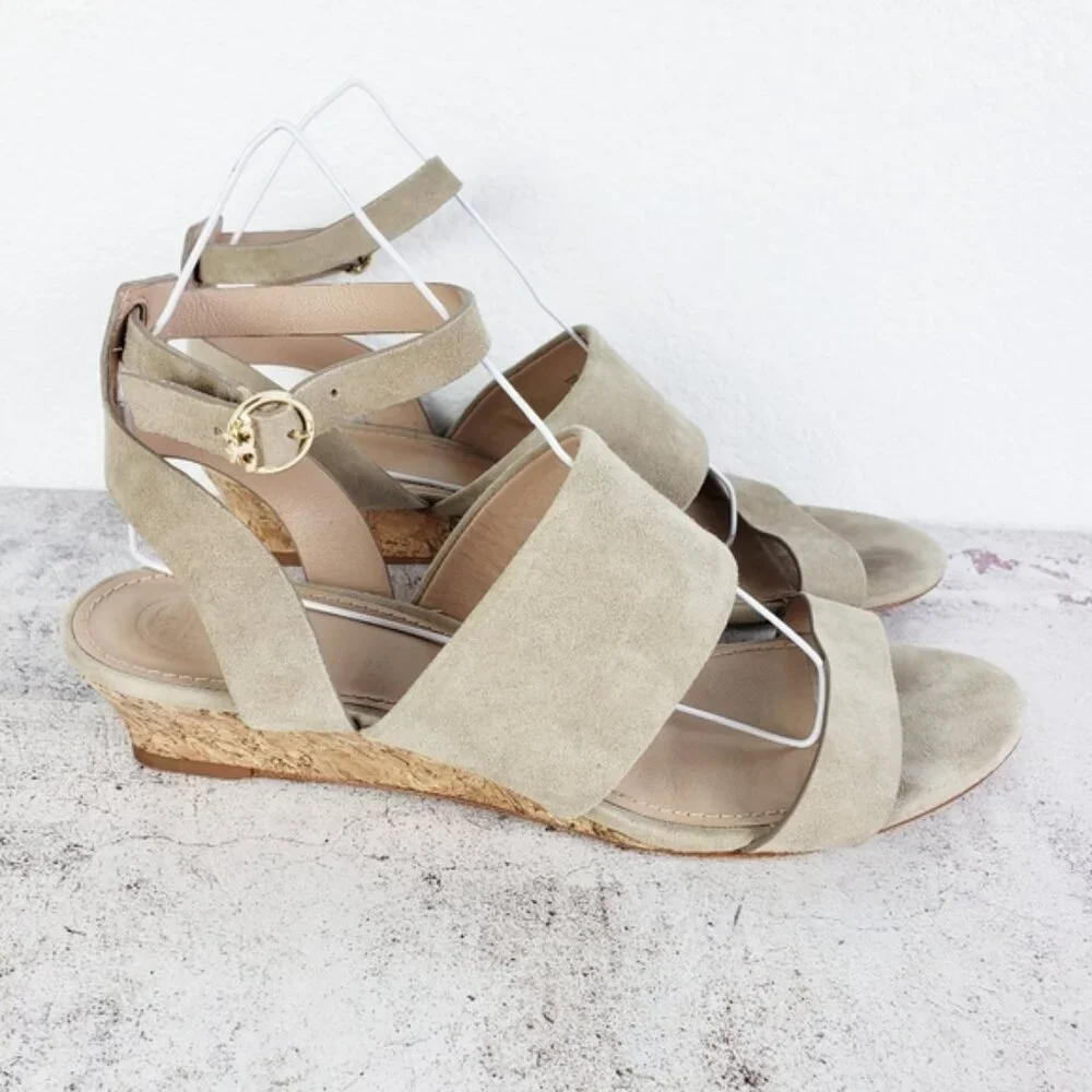 Tory Burch Leather Suede Cork Wedge Sandals Gray size 8.5M Comfort Preppy